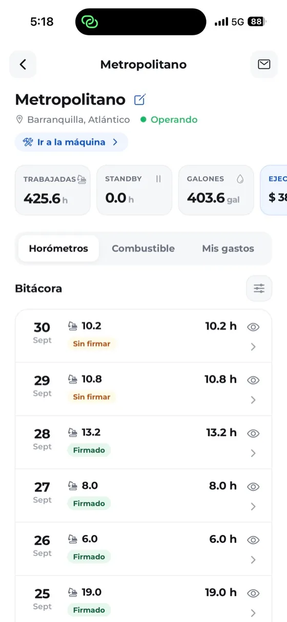 App de Retri para el cliente: horas trabajadas, standby, galones y bitácora de horómetros firmados