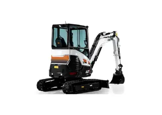 Mini excavadora de orugas blanca con cabina cerrada y cucharón