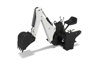 Brazo excavador para minicargador, blanco y negro, con cucharón dentado y asiento
