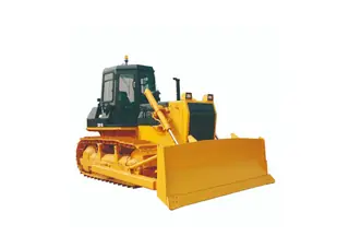 Bulldozer de orugas amarillo con la hoja frontal abajo